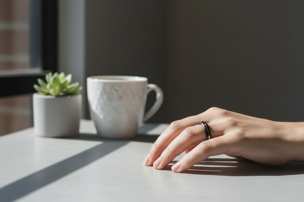 Smart ring worn on hand in a minimalist everyday lifestyle setting