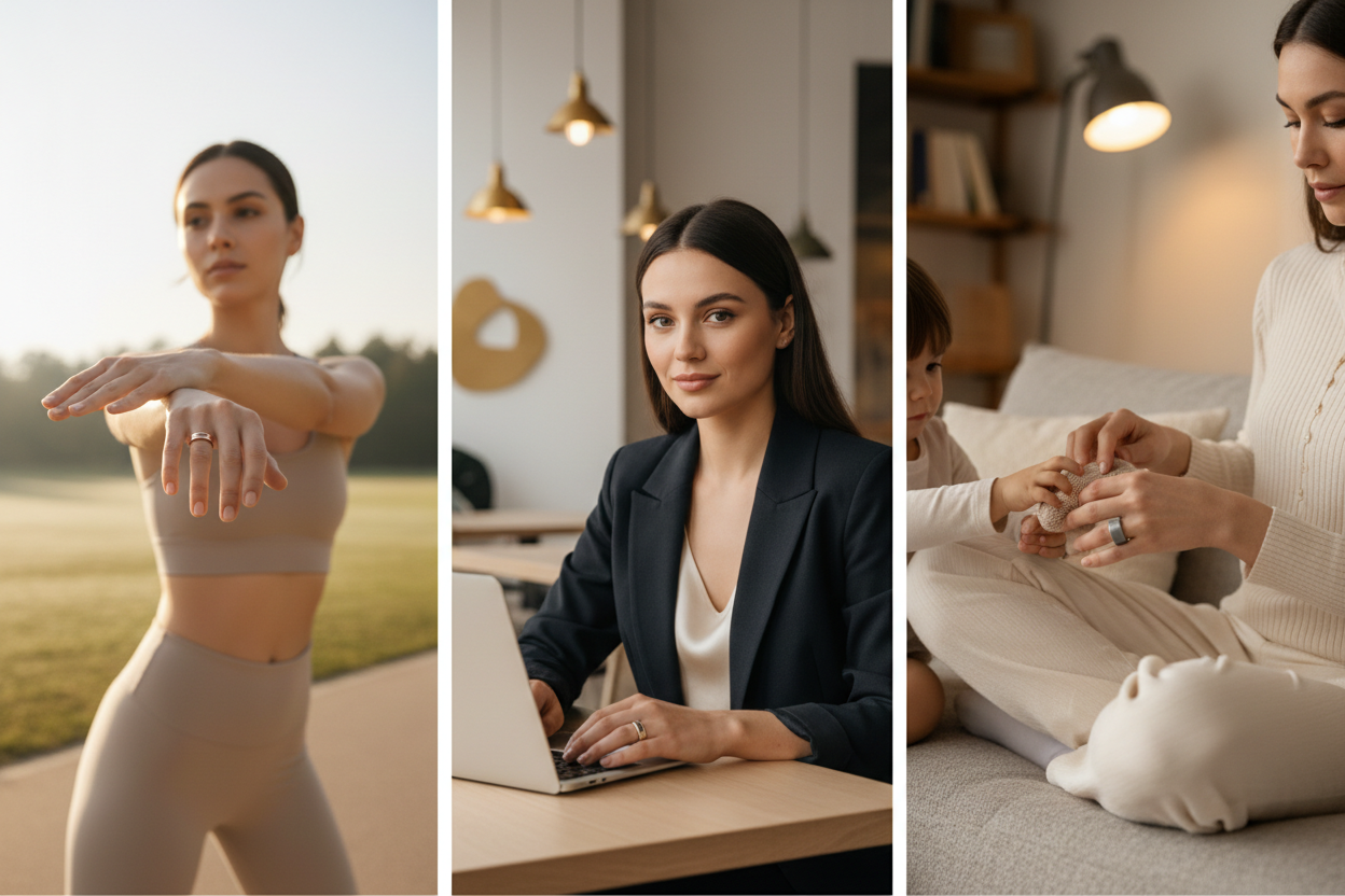 Three women in everyday settings wearing a smart ring, representing active, professional, and family lifestyles