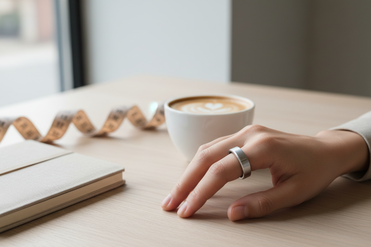 Smart ring worn on a hand with a measuring tape subtly placed on a table in the background