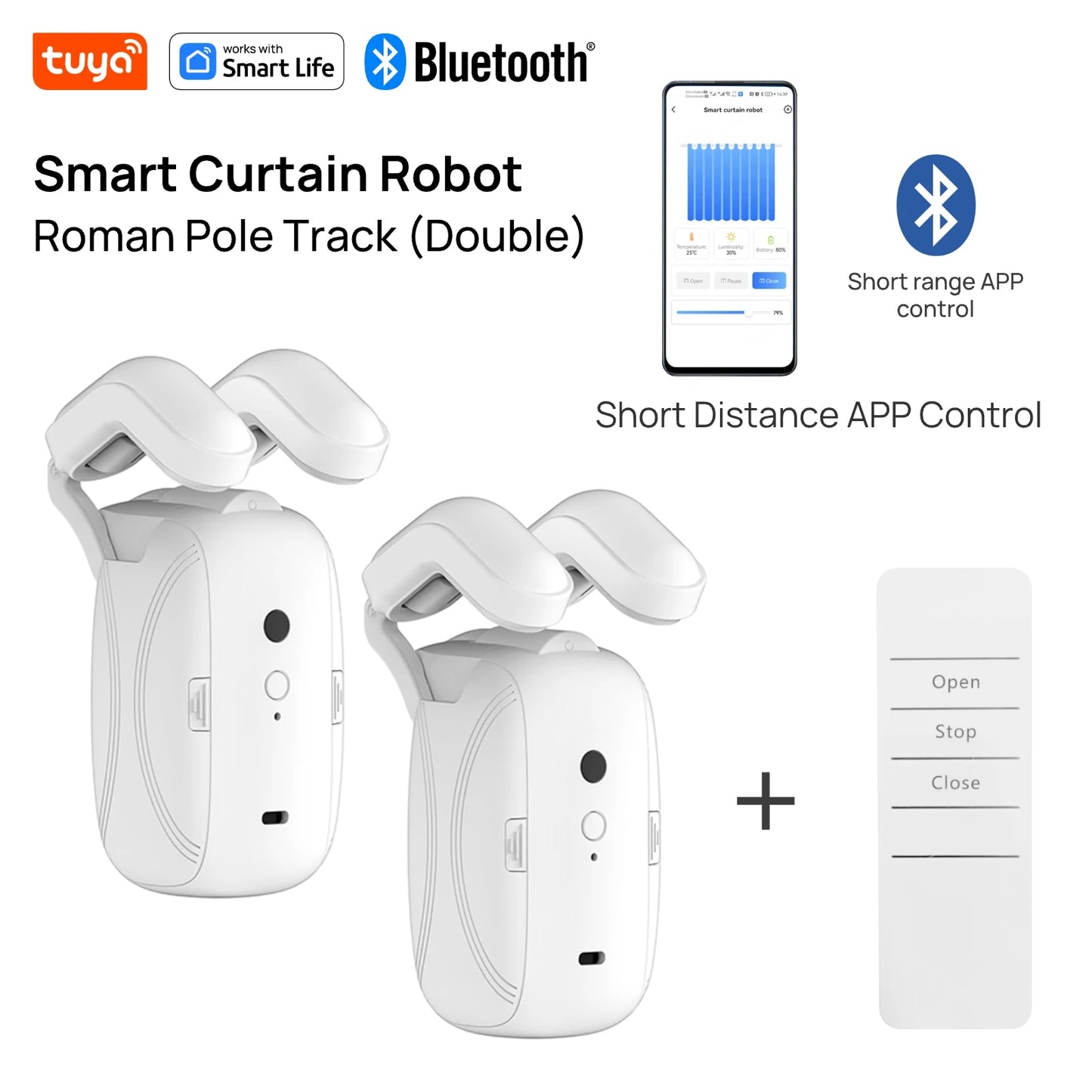 Tuya Smart Curtain Robot ( Roman Rod Track) Bluetooth APP Short Range Control, Timed switch, Pull-to-start, 8KG load capacity