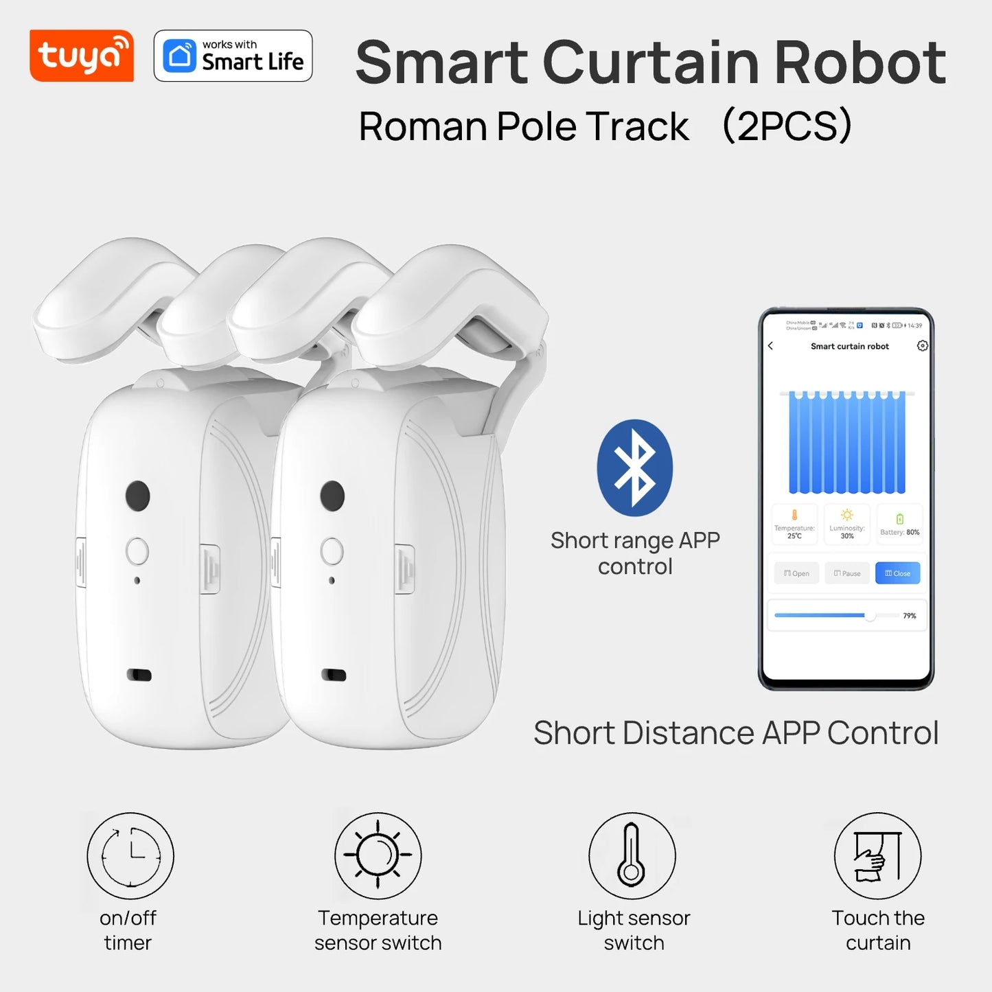 Tuya Smart Curtain Robot ( Roman Rod Track) Bluetooth APP Short Range Control, Timed switch, Pull-to-start, 8KG load capacity