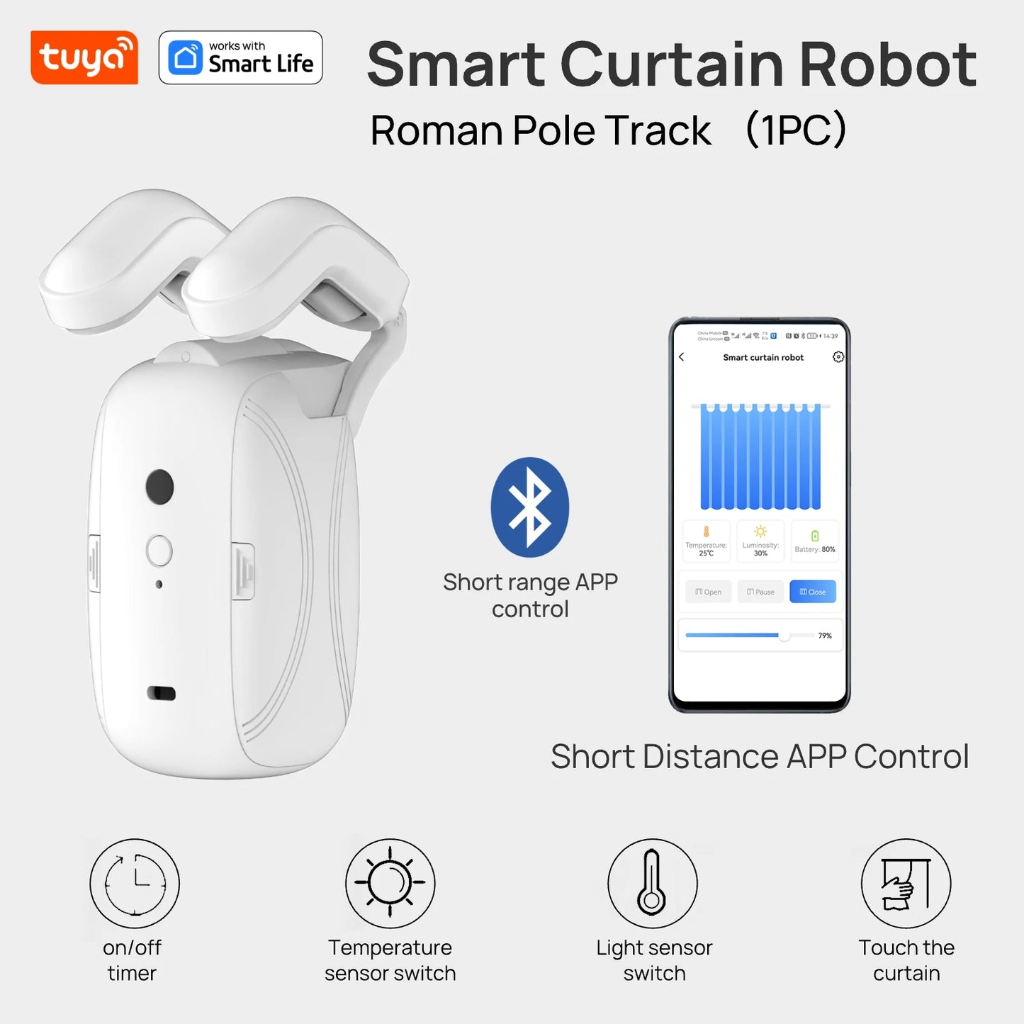 Tuya Smart Curtain Robot ( Roman Rod Track) Bluetooth APP Short Range Control, Timed switch, Pull-to-start, 8KG load capacity