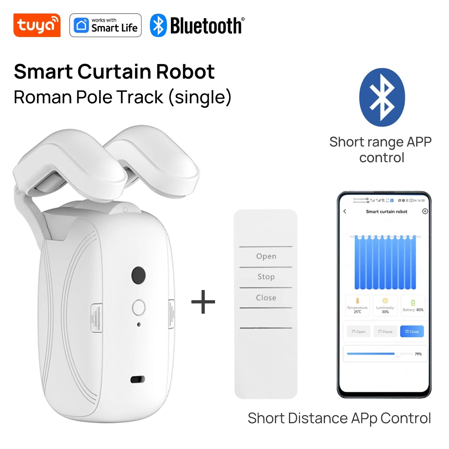 Tuya Smart Curtain Robot ( Roman Rod Track) Bluetooth APP Short Range Control, Timed switch, Pull-to-start, 8KG load capacity