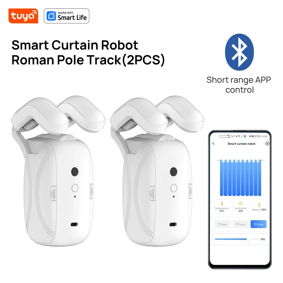 Tuya Smart Curtain Robot ( Roman Rod Track) Bluetooth APP Short Range Control, Timed switch, Pull-to-start, 8KG load capacity