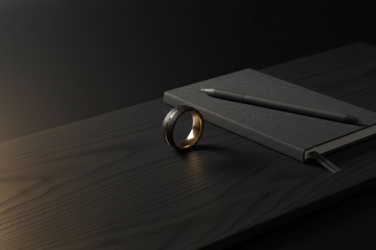 Smart ring resting on a desk beside a notebook in a minimalist everyday lifestyle setting